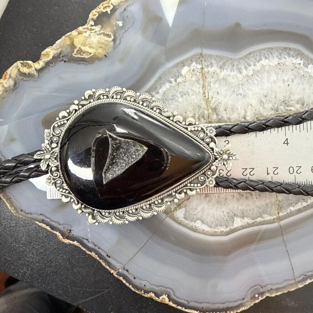Sterling Silver Southwestern Style Teardrop Onyx Bolo Tie For Men